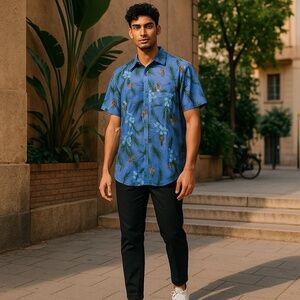 Star Wars Mens Blue Multi Chewbacca Hawaiian/Floral Print Button Down Shirt Sz-S